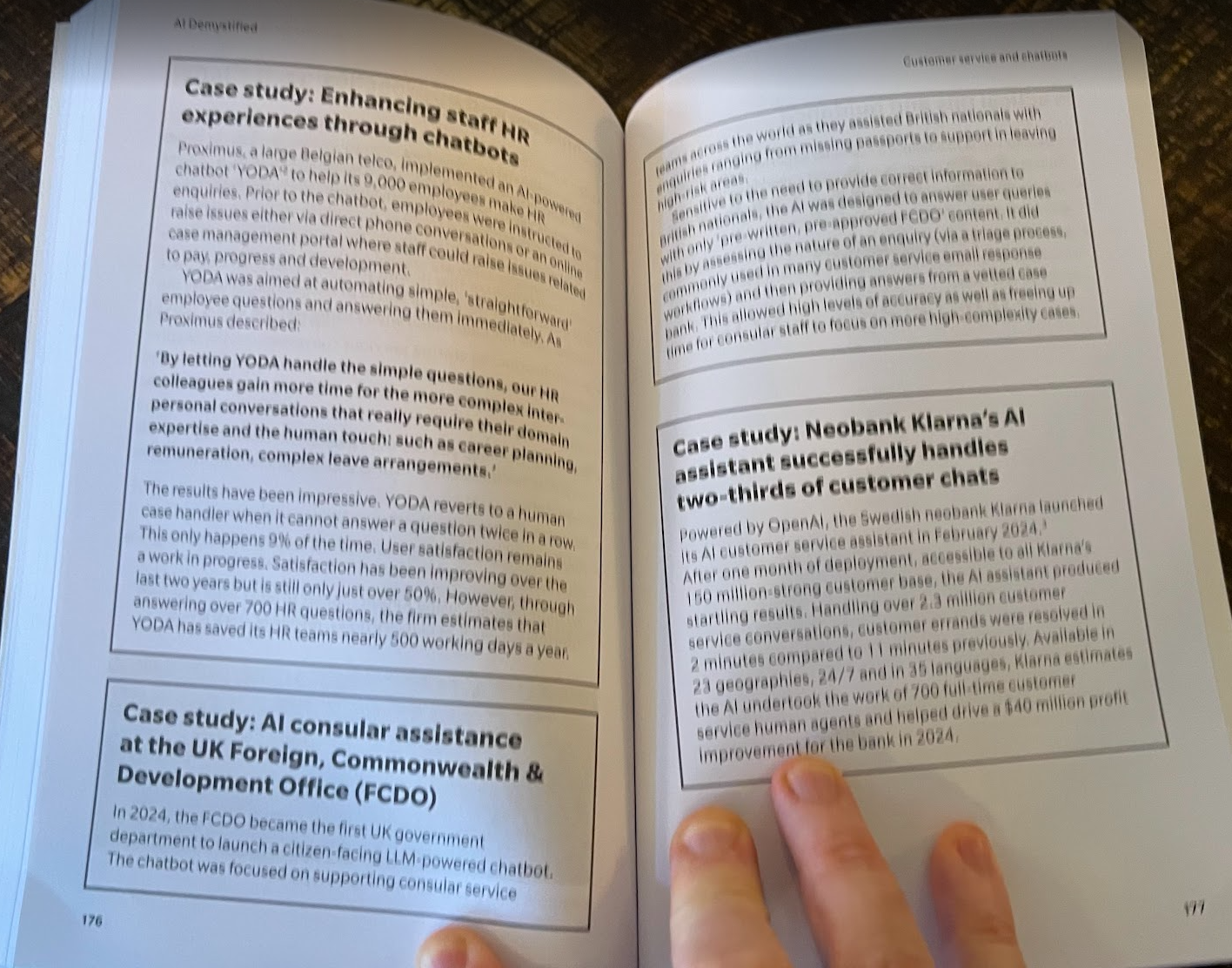 Page from AI Demystified showing case studies including FCDO project