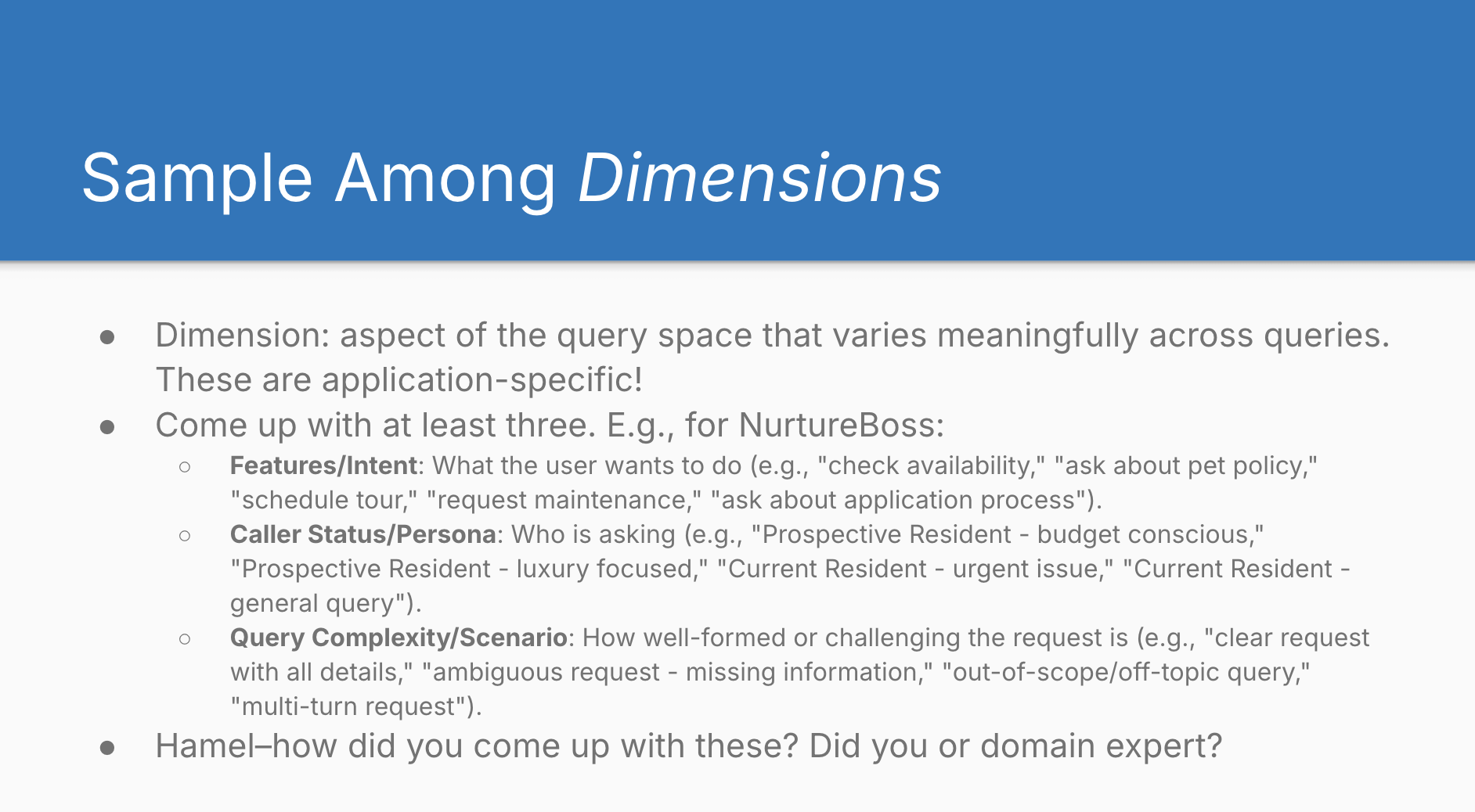 Dimensions for sampling diverse queries