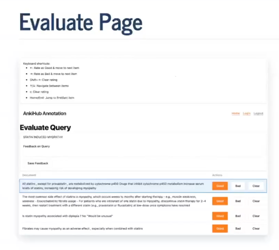 Evaluation page showing flashcards with good/bad buttons and note fields
