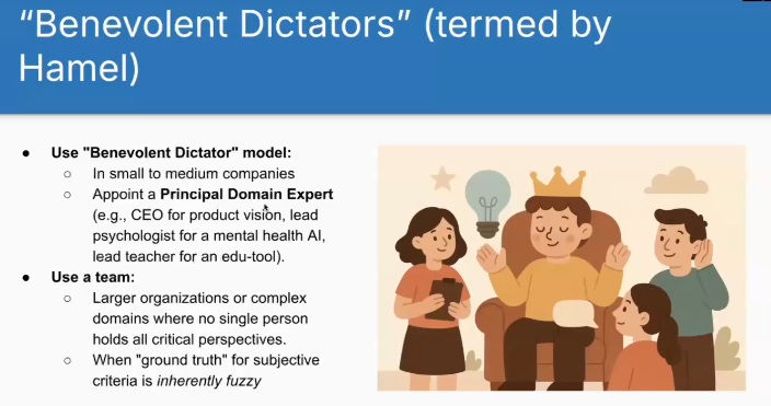 Benevolent Dictator vs Team models for evaluation