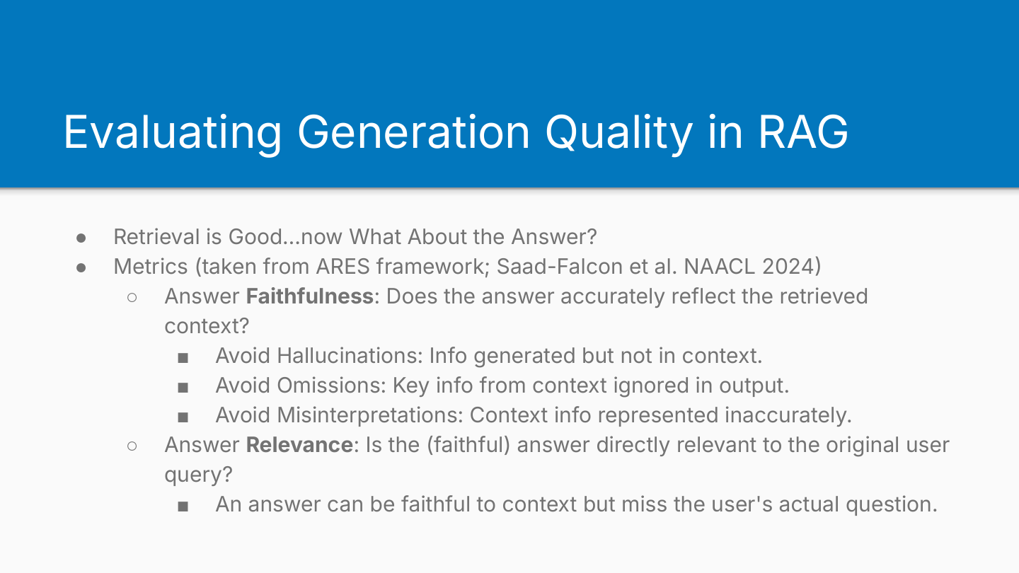 Evaluating generation quality in RAG