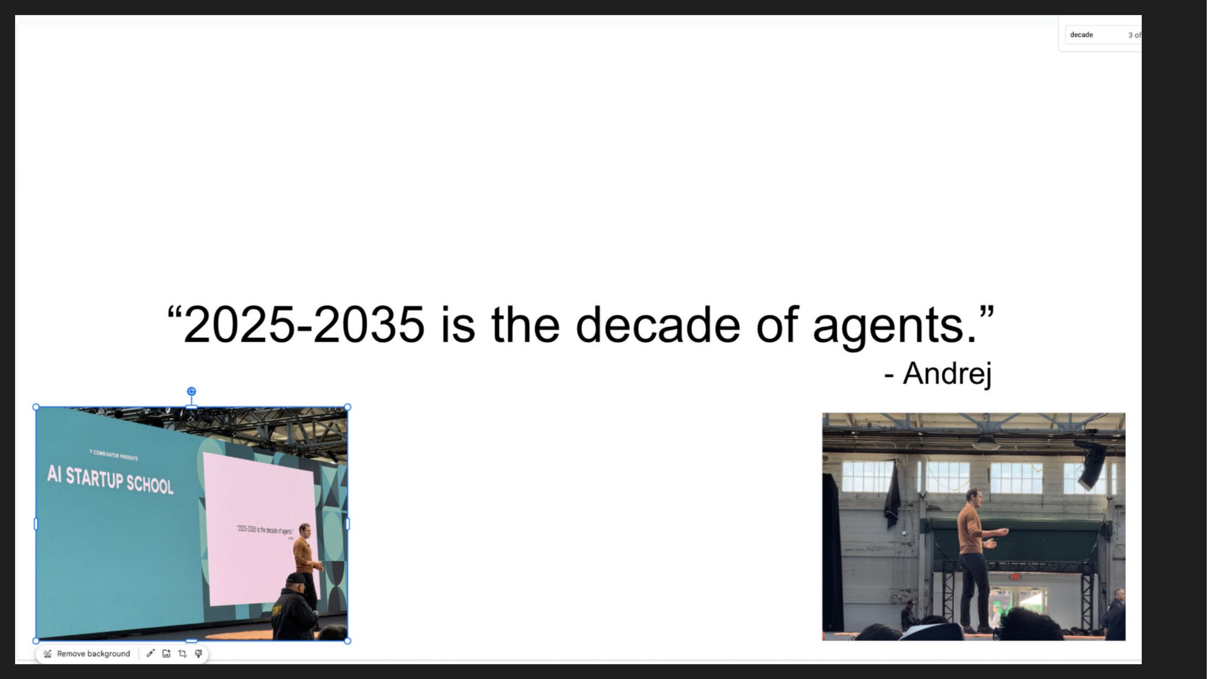 Slide 10: 2025-2035 is the decade of agents with Andrej quote