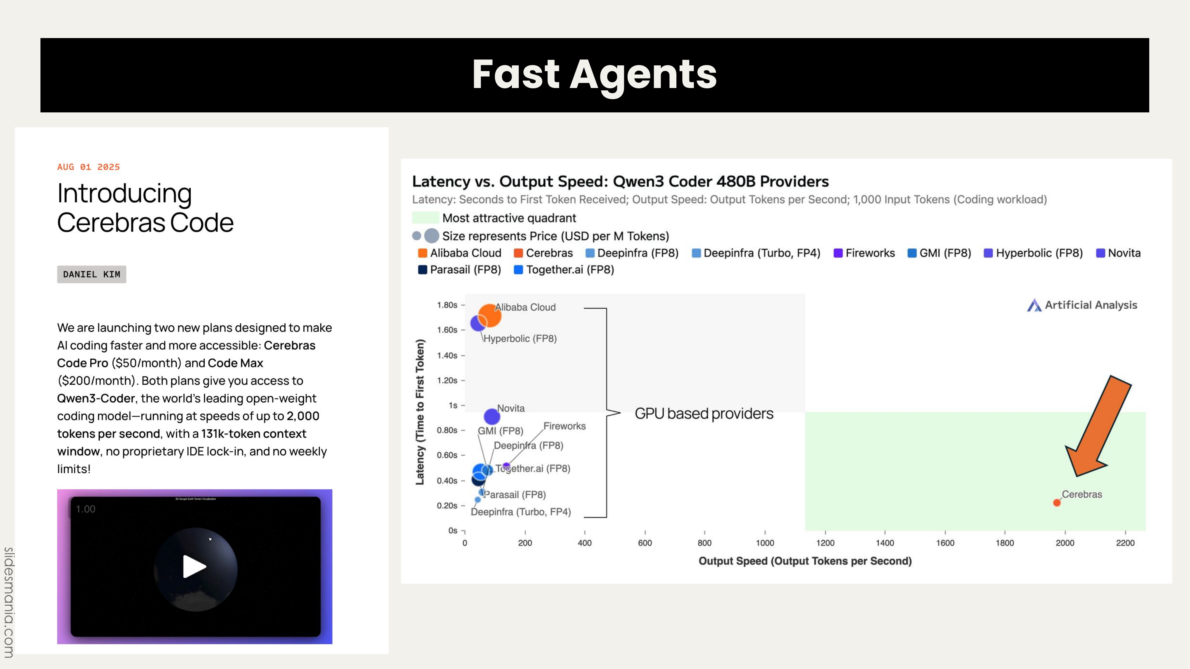 Slide 25: Fast Agents showing Cerebras speed comparison chart