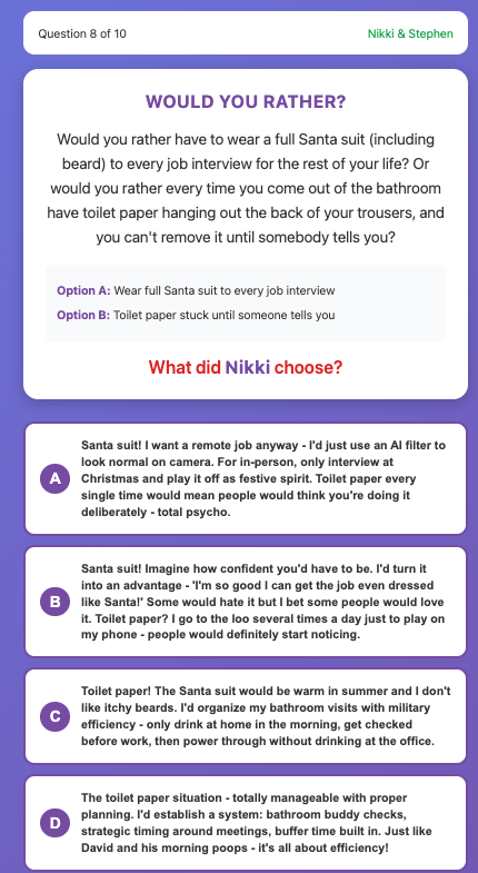 Players pick which answer they think is real. Four options, two claiming each choice.