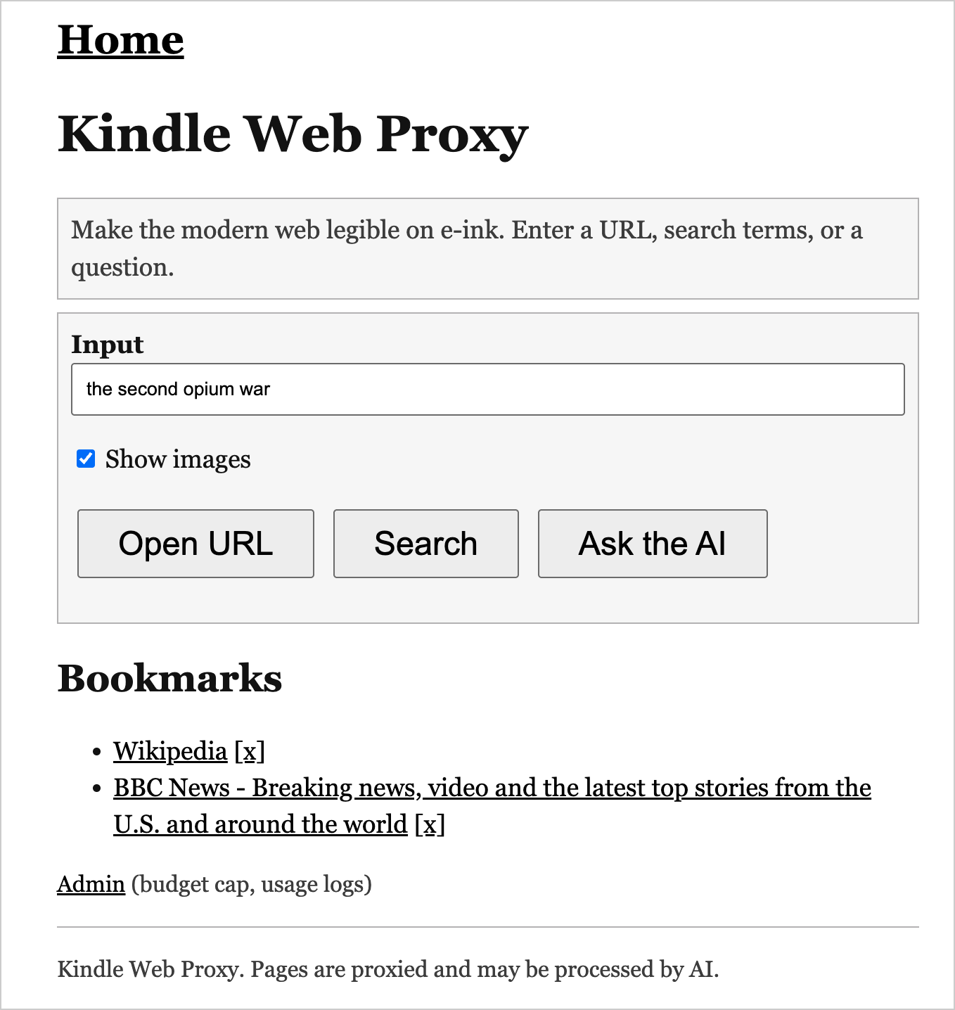 The home page - type anything and choose Open URL, Search, or Ask the AI