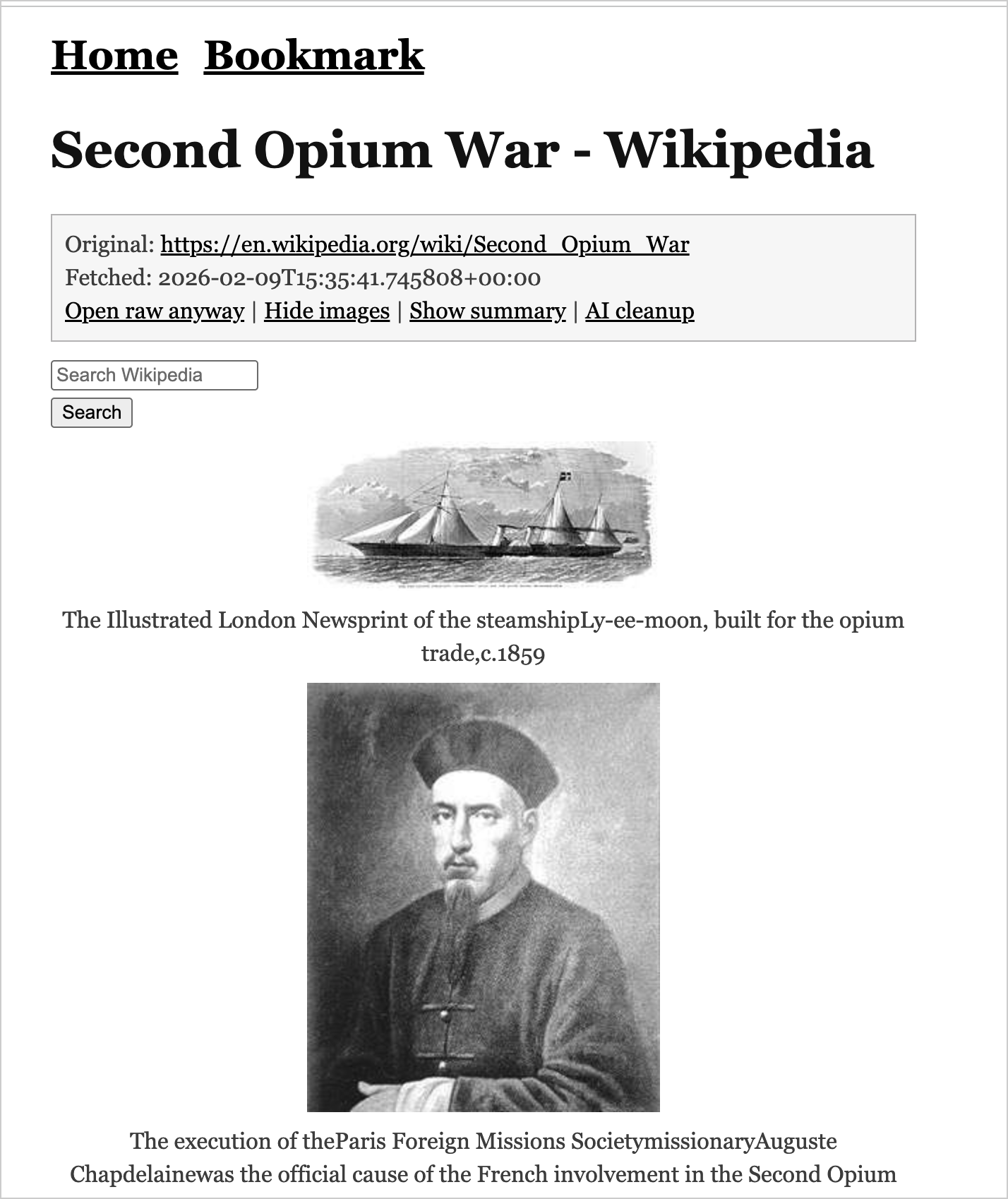 Wikipedia article rendered through the proxy - with images, working links, and an AI cleanup option