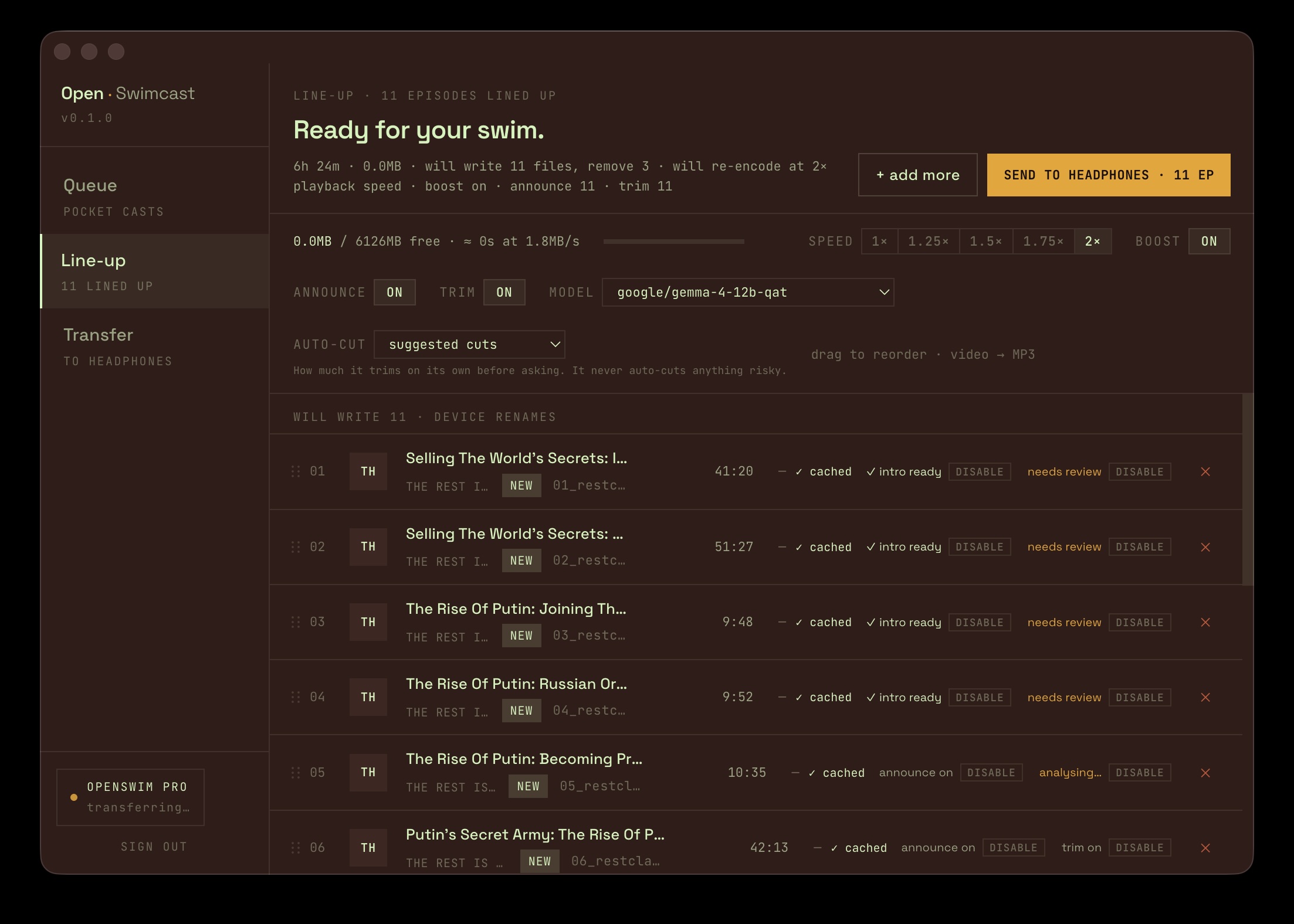 The preparation screen - boost, speed, spoken announcements, and ad trimming