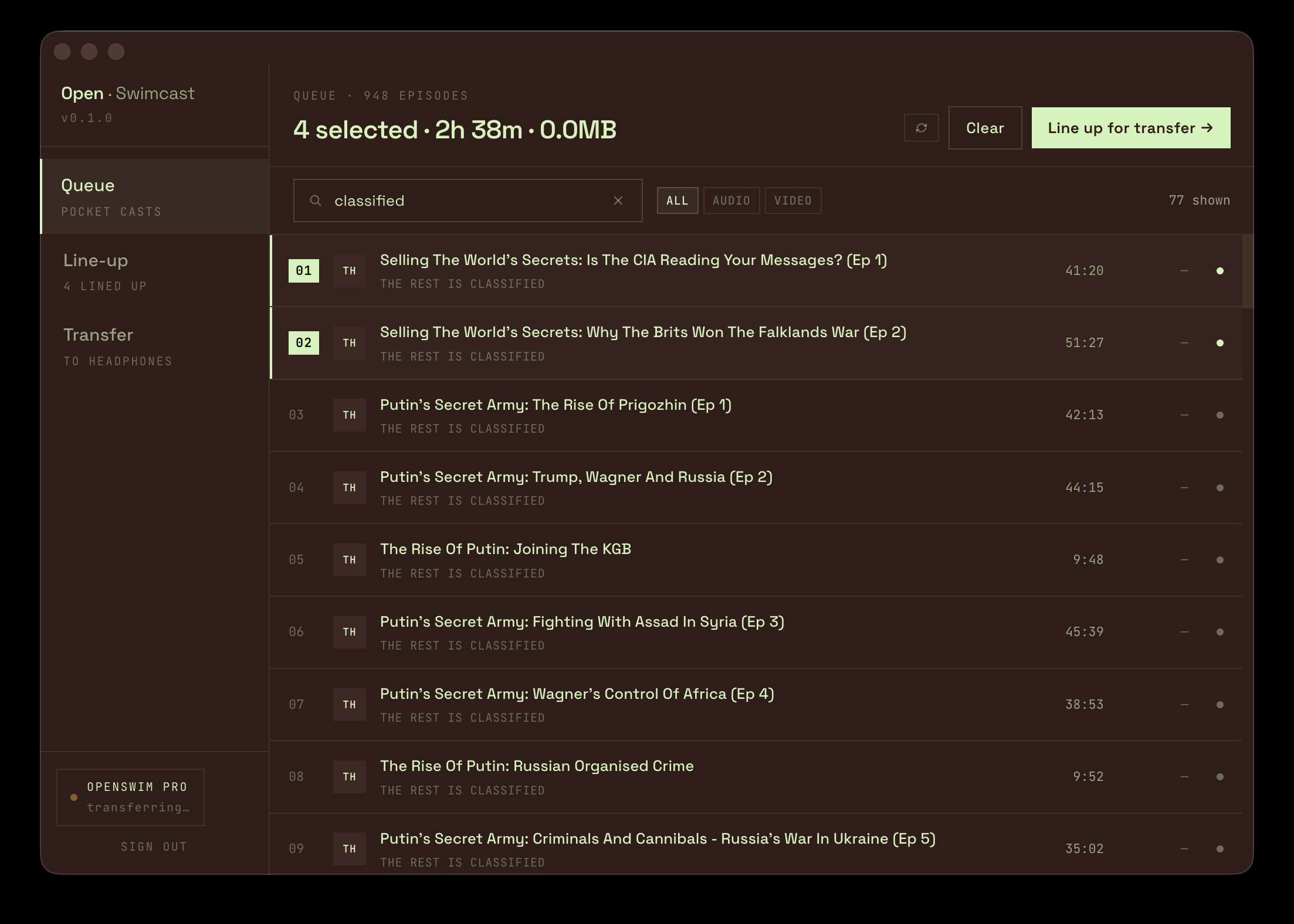 My Pocket Casts feed, picking episodes for the next swim