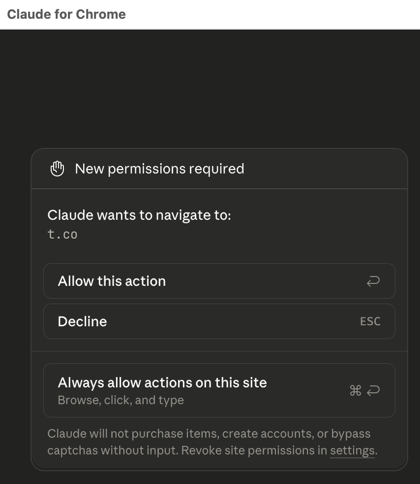 Claude for Chrome requesting permission to navigate to the shortened URL.