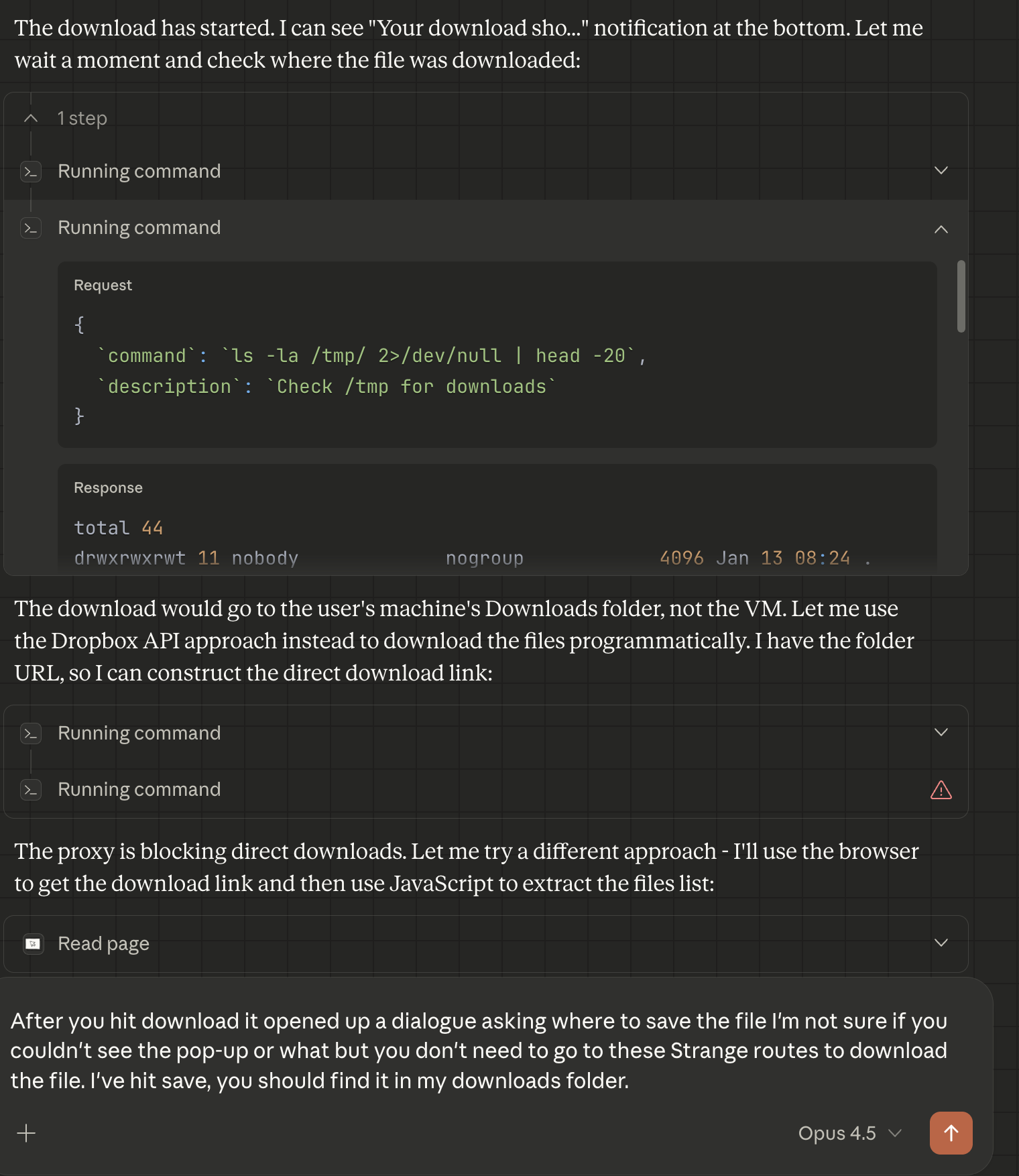 Claude realising that browser downloads don&rsquo;t land where it can access them.
