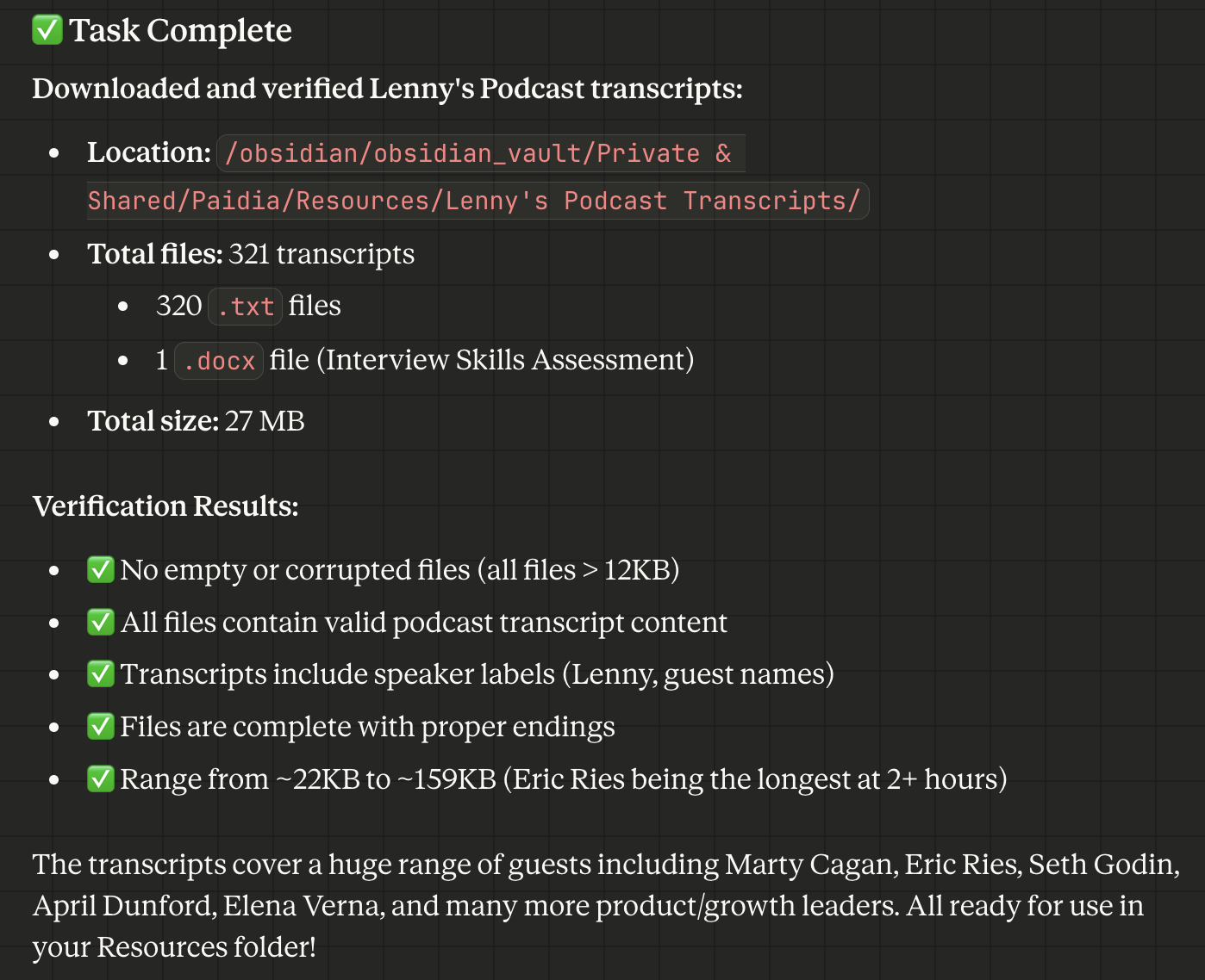 321 transcript files, all verified and ready to use.