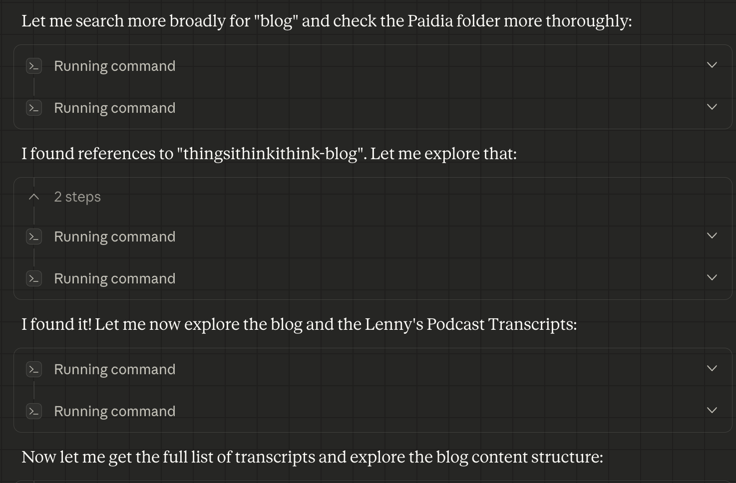 Claude finding the blog by searching the filesystem.