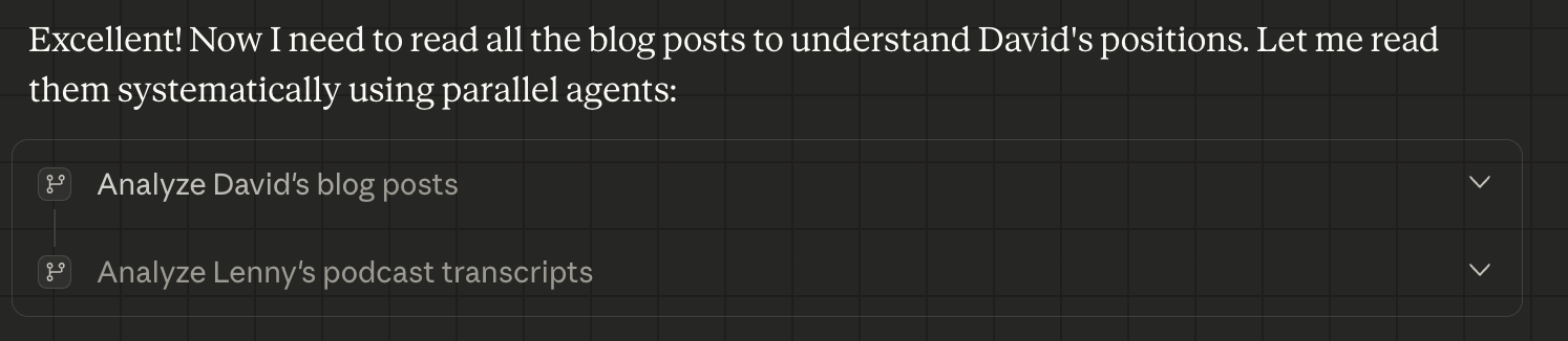 Parallel agents working on the blog and transcript analysis simultaneously.