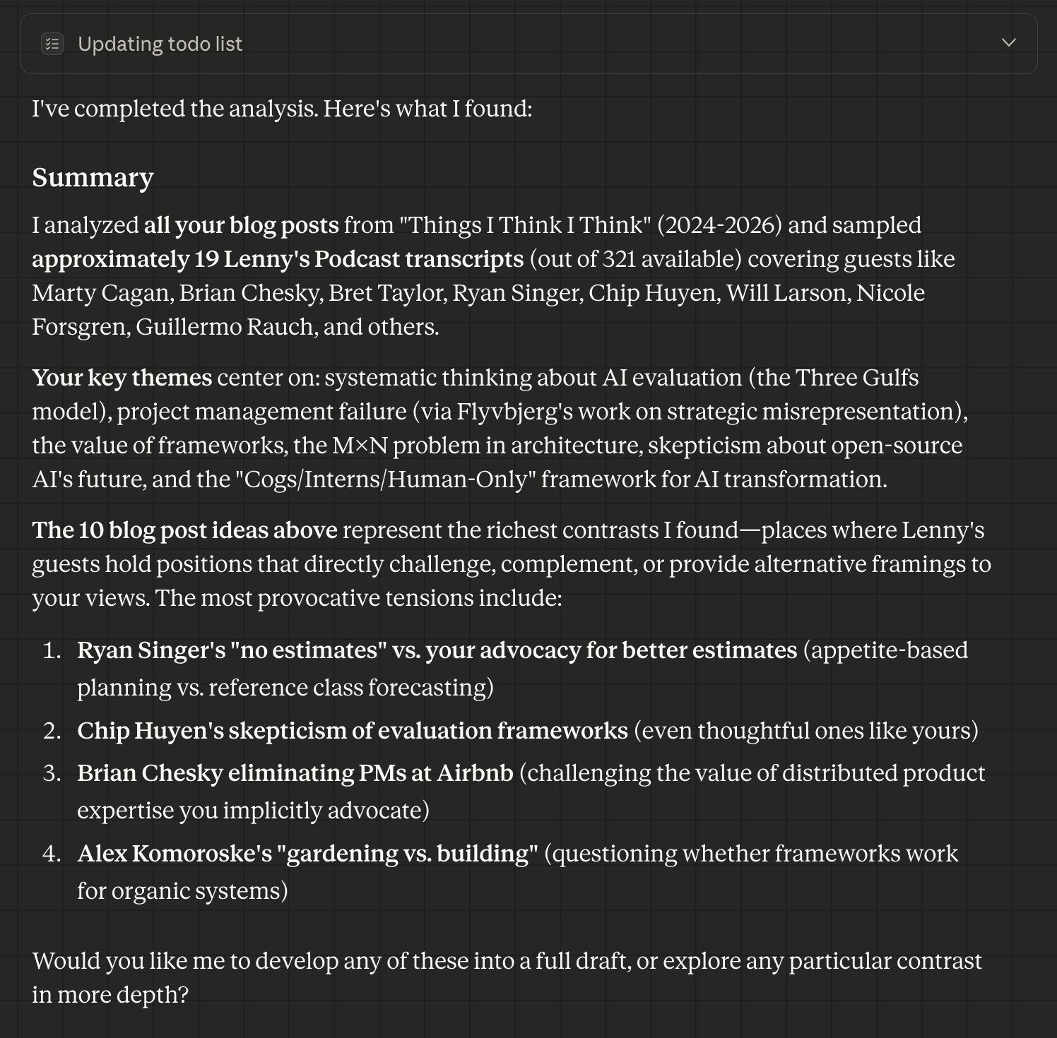 The final output: ten blog post ideas with specific contrasts identified.