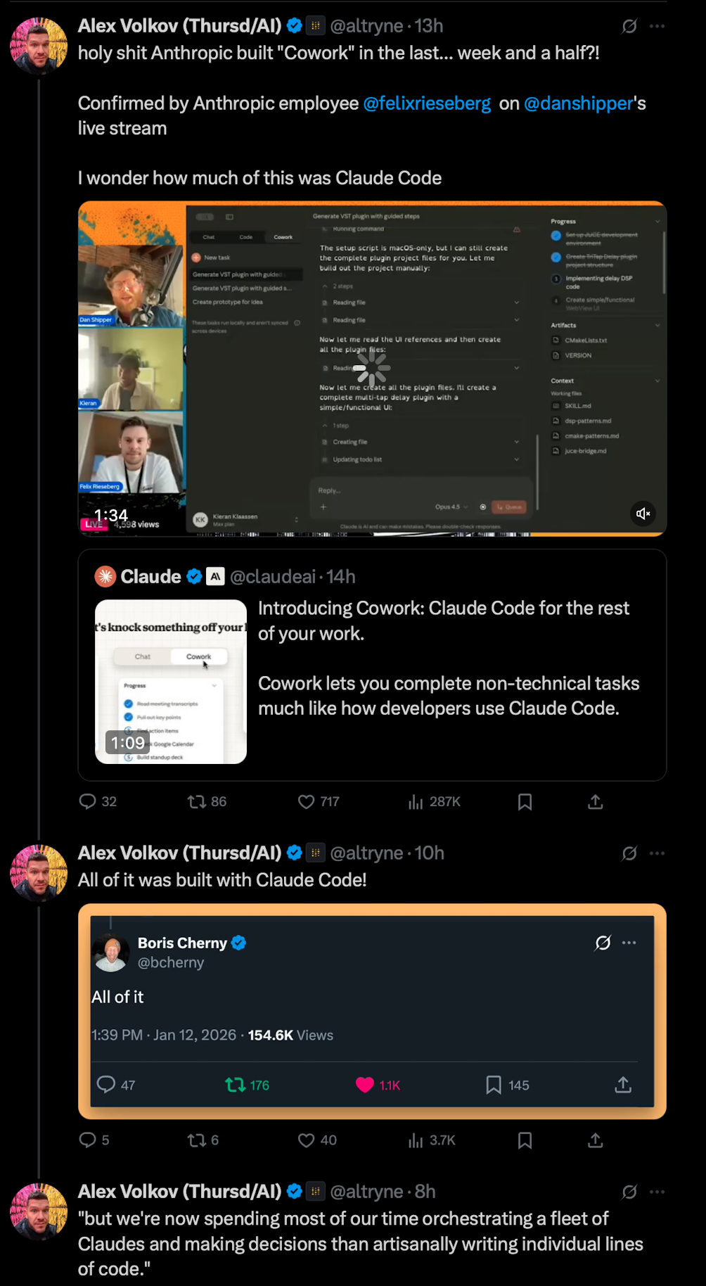 Alex Volkov&rsquo;s tweet thread confirming Cowork was built in a week and a half, entirely with Claude Code.