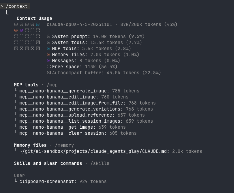Claude Code&rsquo;s /context command showing token usage breakdown