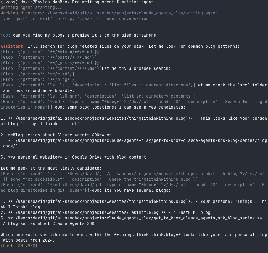 Colored terminal output showing the writing agent in action